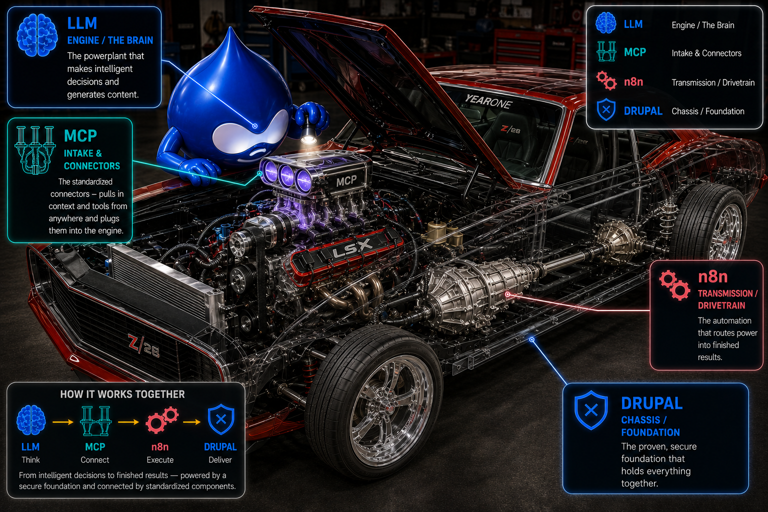 Drup-AID architecture as a hot rod: the LLM is the engine, MCP the intake and couplers, n8n the transmission, and Drupal the chassis.